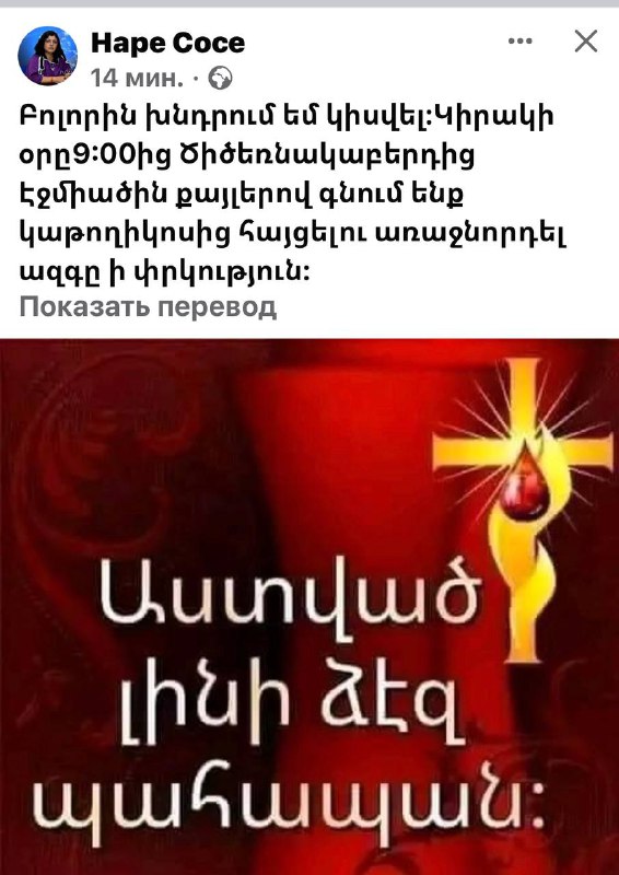 «Прошу всех поделиться. В воскресенье с 9:00 от Цицернакаберда идем шествием до …