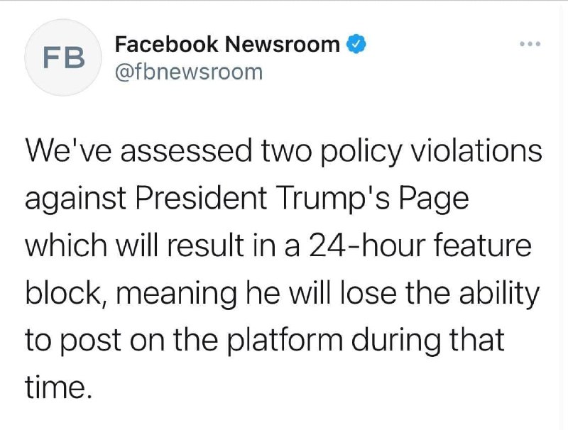 Facebook забанил страницу Трампа на 24 часа за два поста, которые «нарушают поли…