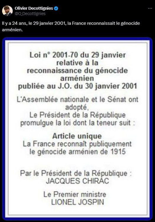 Напоминание Пашиняну. 24 года назад Франция признала Геноцид армян. Об этом в св…